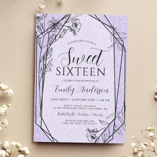 Moderner Blumenlavender Lila Glitzer Sweet 16 Einladung