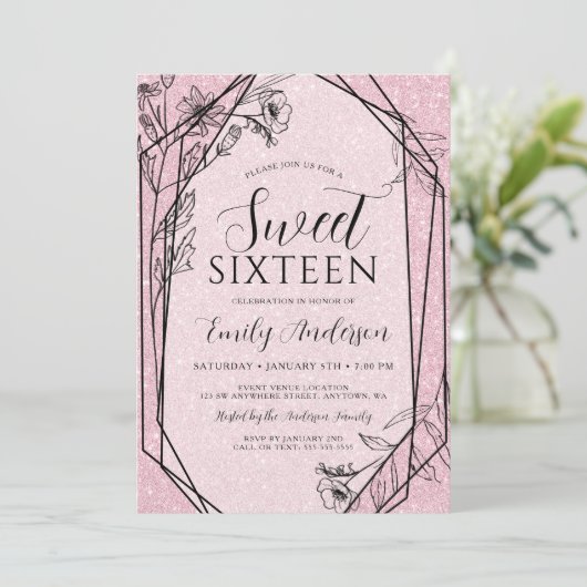 Moderner Blumenstrauß Rosa Glitzer Süß 16 Einladung (Stehend Vorderseite)