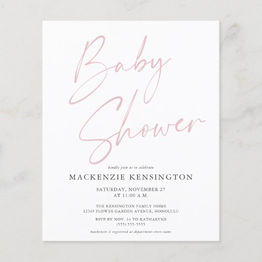 Moderner Blush Pink Script Baby Dusche FLYER (Vorne)