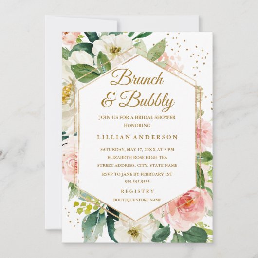 Moderner Blütengoldbrunch mit Blumenmotiven Einladung (Vorderseite)