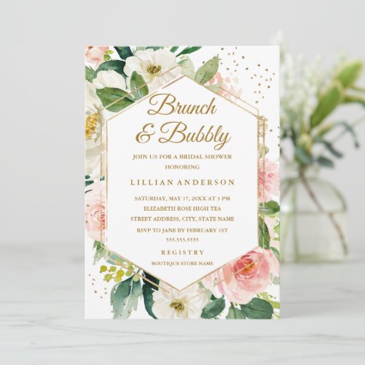 Moderner Blütengoldbrunch mit Blumenmotiven Einladung (Stehend Vorderseite)