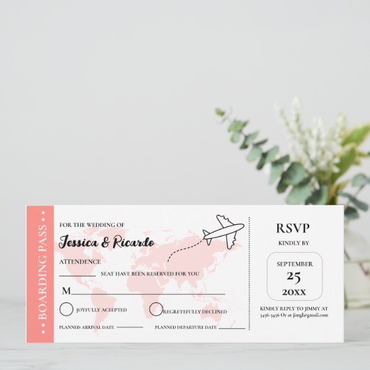 Moderner Boarding Pass Hochzeit RSVP Gehäuse Karte (Stehend Vorderseite)