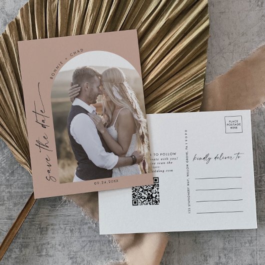 Moderner Bogen | Foto des QR-Codes für Lachs Save Einladungspostkarte