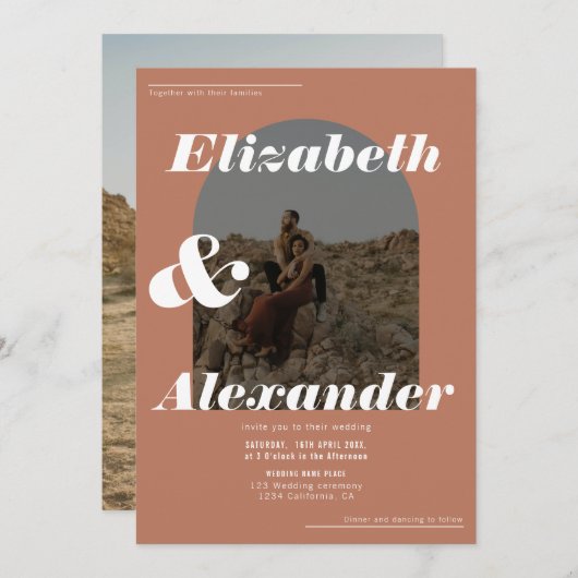 Moderner Bogenfall Terracotta Foto Retro Hochzeit Einladung (Vorne/Hinten)