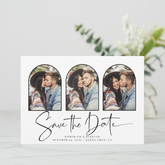 Moderner Bogenhandgeschriebener Save the Date 3 Fo (Stehend Vorderseite)