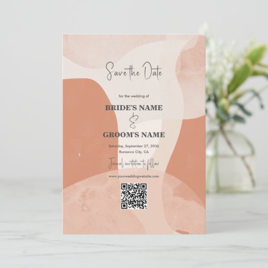 Moderner Bohemischer Terracotta Wedding QR Code Save The Date (Stehend Vorderseite)