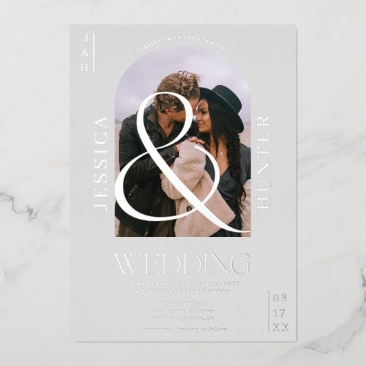 Moderner Bohnoarch 2 Fotos Hochzeit grau Folieneinladung (Vorderseite)