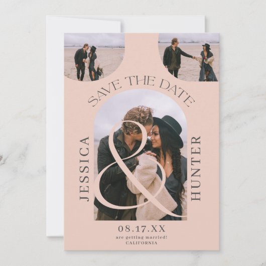 Moderner Bohnoarch 4 Fotos Hochzeit rot Rosa Save The Date (Vorderseite)