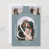 Moderner Bohnobogen 4 Fotos Hochzeit staubblau Save The Date (Vorderseite)