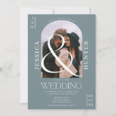 Moderner Boho arch 2 Fotos Hochzeit staubblau Einladung (Vorderseite)