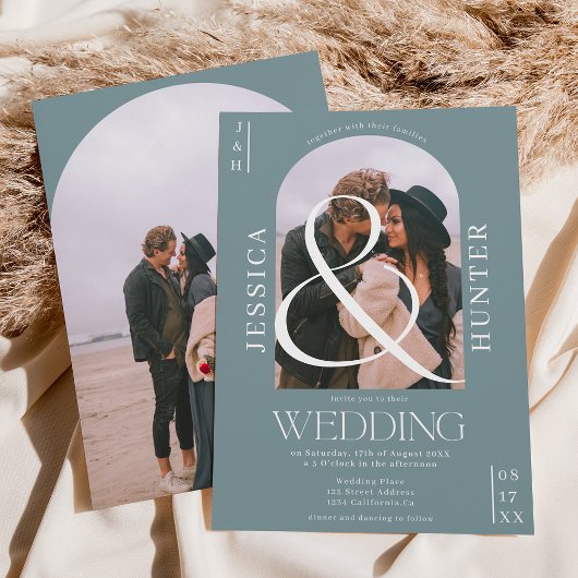 Moderner Boho arch 2 Fotos Hochzeit staubblau Einladung
