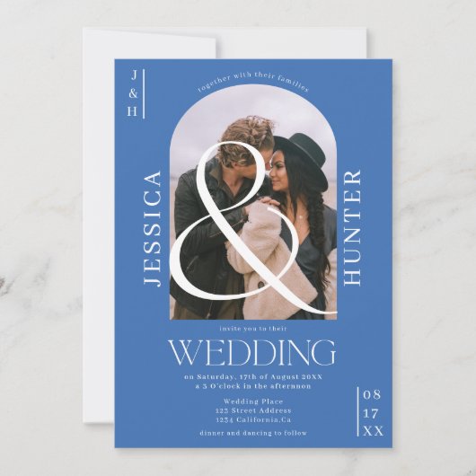 Moderner Boho arch 2 Fotos Hochzeitsretro blau Einladung (Vorderseite)