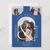 Moderner Boho arch 4 Fotos Hochzeit blau Save The Date (Vorderseite)
