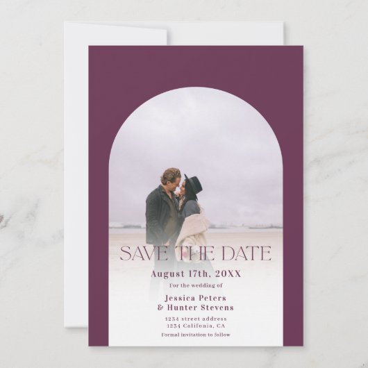 Moderner Boho arch 4 Fotos Hochzeit lila Save The Date (Rückseite)
