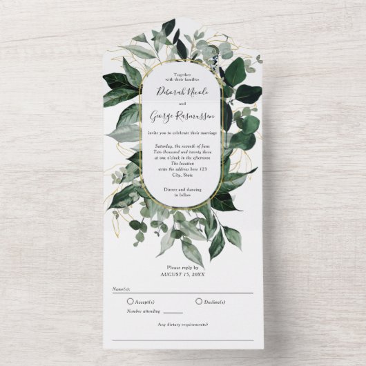 Moderner Boho Arch mit botanischen Watercolor-Blät All In One Einladung (Innen Boden)