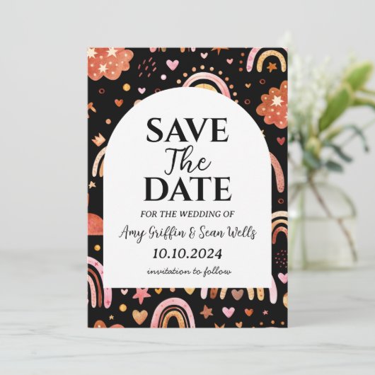 Moderner boho chic Fall speichern Dattelkarten Einladung (Stehend Vorderseite)