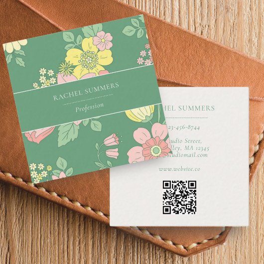 Moderner Boho Floral Square QR Quadratische Visitenkarte