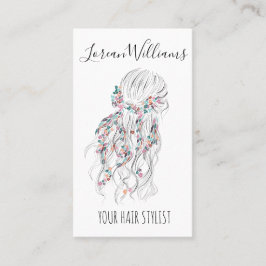 Moderner Boho Schwarz-weiß Wavy Hair Style Floral  Visitenkarte