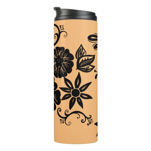 Moderner Boho Schwarze Blüte auf Beige Thermal Tum Thermosbecher (Nach rechts gedreht)