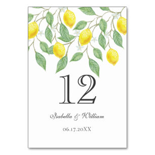 Moderner Boho Watercolor Lemon Sommerhochzeittisch Tischnummer