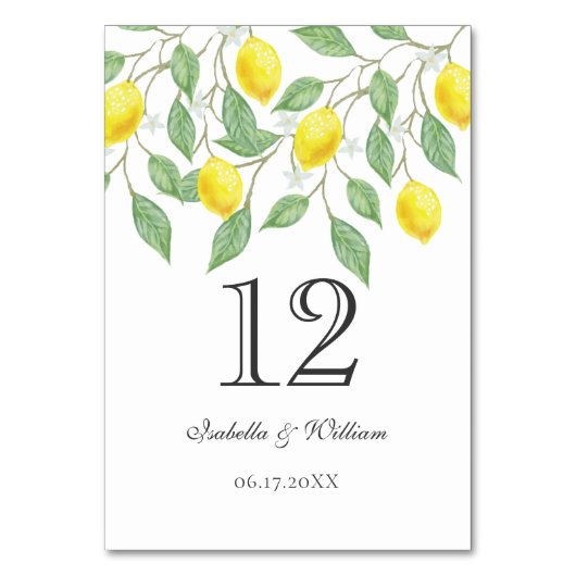 Moderner Boho Watercolor Lemon Sommerhochzeittisch Tischnummer (Vorderseite)