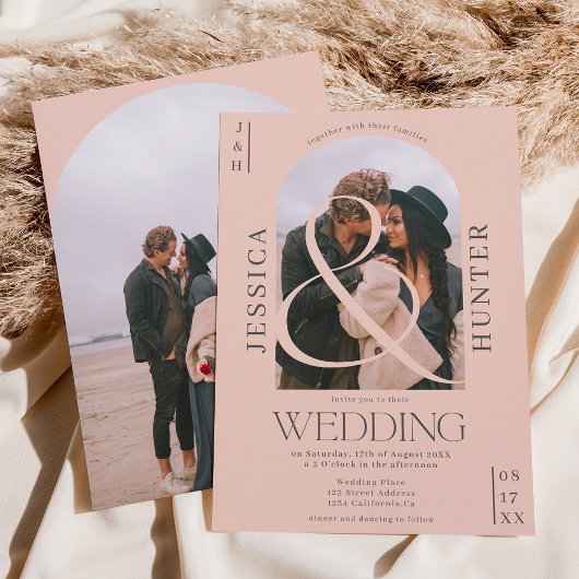 Moderner Bohobarsch 2 Fotos Hochzeit hellrosa Einladung