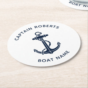Moderner Bootsanker Kapitänsname Nautical Custom Runder Pappuntersetzer