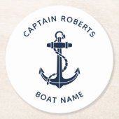 Moderner Bootsanker Kapitänsname Nautical Custom Runder Pappuntersetzer (Vorderseite)