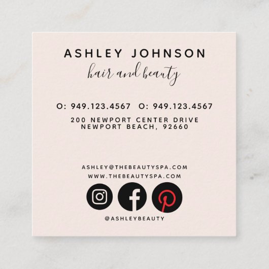 Moderner botanischer Blush Black Script Name Squar Quadratische Visitenkarte (Rückseite)