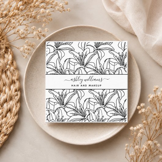 Moderner botanischer Blush Black Script Name Squar Quadratische Visitenkarte