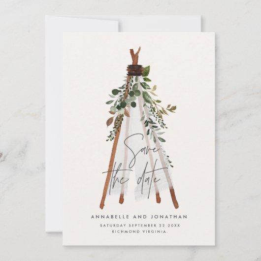 Moderner botanischer Garten mit böhmischen Teppich Save The Date (Vorderseite)