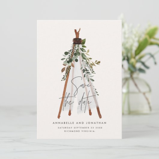 Moderner botanischer Garten mit böhmischen Teppich Save The Date (Stehend Vorderseite)