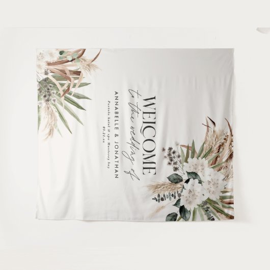 Moderner botanischer Pampas-Eukalyptus-Hochzeitspa Wandteppich (Vorderseite (Horizontal))