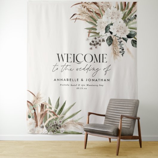 Moderner botanischer Pampas-Eukalyptus-Hochzeitspa Wandteppich (Beispiel)