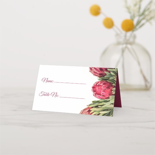 Moderner Botanischer Rosa-Protea-Blumentisch Platzkarte (Rückseite)