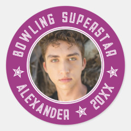 Moderner Bowling Superstar Lila Pink Name Foto Runder Aufkleber