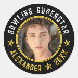 Moderner Bowling Superstar Name Foto Datum Schwarz Runder Aufkleber