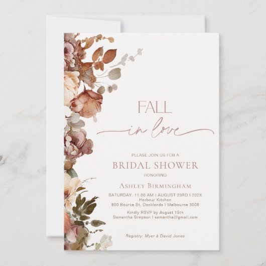 Moderner brauner Blumenfall in der Liebe Brautpart Einladung (Vorderseite)