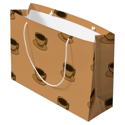 Moderner brauner, gemütlicher Kaffee-Cup im Mittel Große Geschenktüte (Rückseite Schrägansicht)