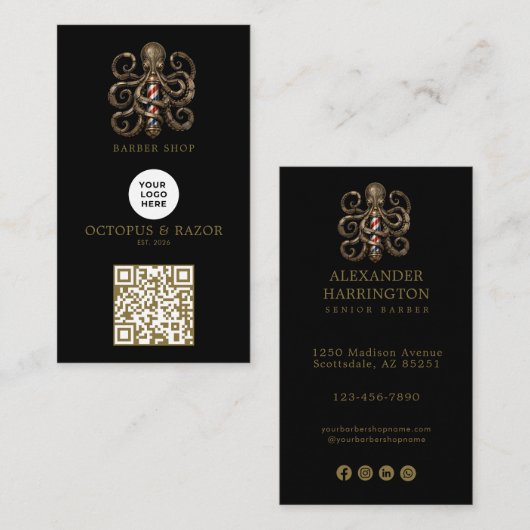 Moderner Bronze-Oktopus-Friseursalon-Logo-QR-Code Visitenkarte (Vorne/Hinten)