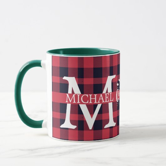 Moderner Buffalo-Karierter Monogram-Weihnachtsfeie Tasse (Links)
