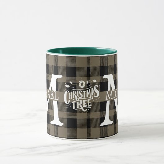 Moderner Buffalo-Karierter Monogram-Weihnachtsfeie Tasse (Zentrum)