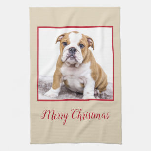 Moderner Bulldog Hund Frohe Weihnachtsfeiertag Fot Geschirrtuch