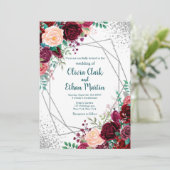 Moderner Burgunder mit Blumen mit silbernem Einladung (Stehend Vorderseite)