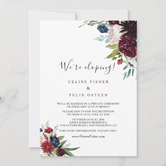 Moderner Burgunder Navy Blush Elopement Empfang Einladung (Vorderseite)