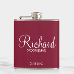 Moderner Burgunder Personalisierter Trauzeuge Flachmann<br><div class="desc">Personalisierte Trauzeuge Geschenke mit dem Namen des personalisierten Trauzeugen im modernen,  weißen Script-Schriftart Stil mit Titel und Hochzeitsdatum in modernen Sans Serif Schriftart Stil auf bordeauxroten Hintergrund. Auch perfekt für Trauzeuge,  Brautvater,  Brautjungfrau,  Trauzeugin,  Brautmutter und mehr.</div>