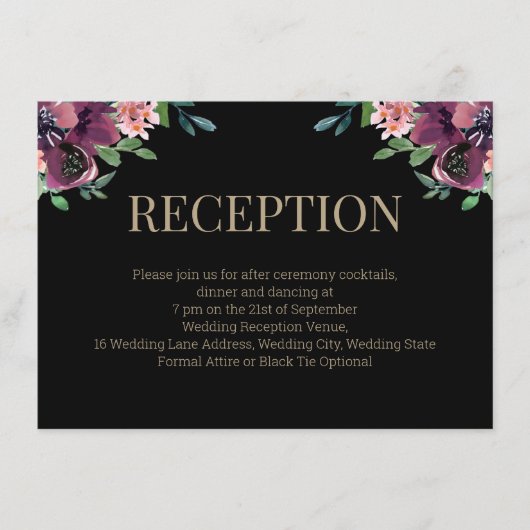 Moderner Burgundy-Floral-Gold-Monogramm-Empfang Begleitkarte (Vorderseite)