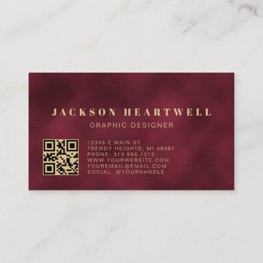 Moderner Burgundy Foil Texture QR Code Visitenkarte (Rückseite)