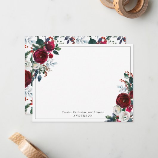 Moderner Burgundy Red Holly Floral Weihnachtsfeier Mitteilungskarte (Vorderseite/Rückseite Beispiel)