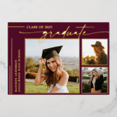 Moderner Burgundy Script Graduate Foto Abschluss Folieneinladung (Vorderseite)
